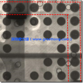 BGA錫球尺寸小于0.4mm，采用降低BGA內(nèi)圍襲球的錫膏量所得到X-Ray，稍微留意一下可以發(fā)現(xiàn)最外圈的錫量(圓的直徑)比其他內(nèi)圍的錫球上的錫量來(lái)得多一點(diǎn)點(diǎn)。也就是外圈的黑色圓形直徑比內(nèi)圈的圓形來(lái)得大一點(diǎn)點(diǎn)。