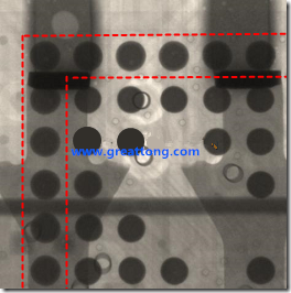 BGA錫球尺寸小于0.4mm，采用降低BGA內(nèi)圍襲球的錫膏量所得到X-Ray，稍微留意一下可以發(fā)現(xiàn)最外圈的錫量(圓的直徑)比其他內(nèi)圍的錫球上的錫量來(lái)得多一點(diǎn)點(diǎn)。也就是外圈的黑色圓形直徑比內(nèi)圈的圓形來(lái)得大一點(diǎn)點(diǎn)。