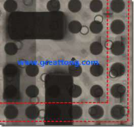 BGA錫球尺寸小于0.4mm，采用降低BGA內(nèi)圍襲球的錫膏量所得到X-Ray，稍微留意一下可以發(fā)現(xiàn)最外圈的錫量(圓的直徑)比其他內(nèi)圍的錫球上的錫量來(lái)得多一點(diǎn)點(diǎn)。也就是外圈的黑色圓形直徑比內(nèi)圈的圓形來(lái)得大一點(diǎn)點(diǎn)。