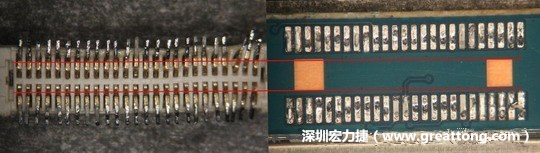 把板對板連接器與其電路板的佈線焊墊作一個比較，端子的切斷面有毛邊的地方剛好對到了裸銅區(qū)。