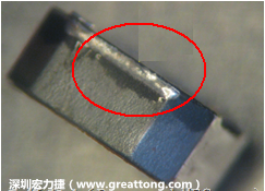 使用錫(Sn)鍍層的電源電感器(Power Inductors)，經(jīng)過推力測試后，其焊點還保留在零件的端點上，所以推力比較高。