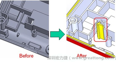 既然知道可能的問(wèn)題出在電路板變形量過(guò)大，于是在電路板上黏貼應(yīng)力計(jì)(Stress Gauge)然后先量測(cè)未改善前的應(yīng)力數(shù)據(jù)。改善方法是在BGA的附近新增機(jī)溝肋柱(rib)來(lái)頂住電路板以降低電路板在落下時(shí)的變形量。