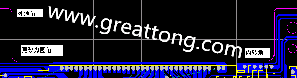 PCB設(shè)計(jì)時單面板的轉(zhuǎn)角都需為圓角，R1.0mm或R2.0mm為宜。