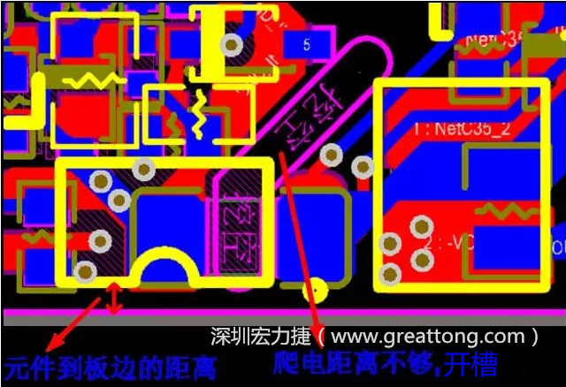 如果碰到模塊PCB空間有限，爬電距離不夠，可以采用開槽的方式