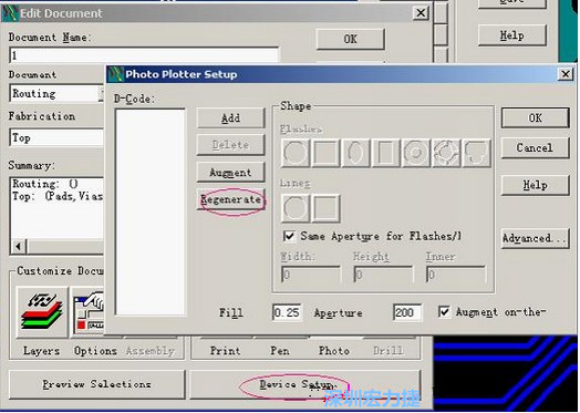 當(dāng)Gerber和鉆孔都設(shè)置完后，選擇一貼片元件較多的層（一般為Top層），點(diǎn)擊Device SetupPhoto，將 Plotter Setup窗口D-Code欄原有的D碼刪除并按Regenerate重新生成