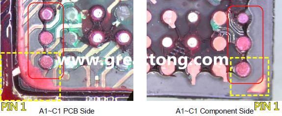 PIN-1的位置很重要，不知道Pin-1在哪里？那你怎么知道斷裂錫球在PCB的位置，如何判斷可能的應力(Stress) 影響。一般在PCB的絲印層(白漆)上面一定會標示零件的PIN-1位置，有的未打一個圓點，有的會畫三角形，但這張照片在PCB的PIN-1被紅墨水遮住了，如果可以的話建議那一塊沒有紅墨水的板子對照一下。