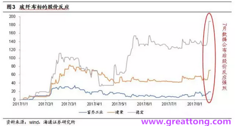 玻纖布：Q2景氣度下滑，7月份創(chuàng)歷史同期新高，預(yù)計下半年再度走高，股價反應(yīng)明顯。