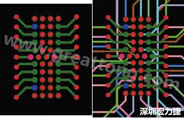 圖7：焊盤內(nèi)過孔用于內(nèi)部，而外部接腳在0.5mm閘格上扇出。圖7a顯示的是頂層(左)；圖7b顯示頂層和內(nèi)部布線層(右)。