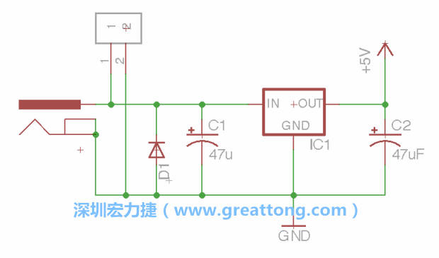 2.5.    新增一個二極體，它會以水平的狀態(tài)出現(xiàn)在屏幕上，請使用「旋轉（Rotate）」工具把它負極那一面朝上，并且用「網(wǎng)絡連接」工具將它連接在電壓調整器的輸入端和接地端之間。