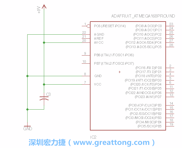 3.1.    新增微控制器晶片（RBBB → ATmega），把它放在電路原理圖的中央附近，把它的兩個接地接頭連接到接地訊號端。