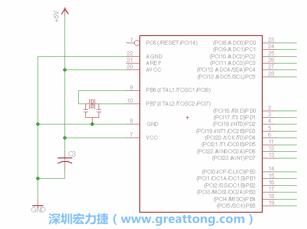 3.2.    在靠近ATmega的電源供應(yīng)針腳7的位置放置一個0.1μF的電容，將它分別連接電源、接地端和針腳7。