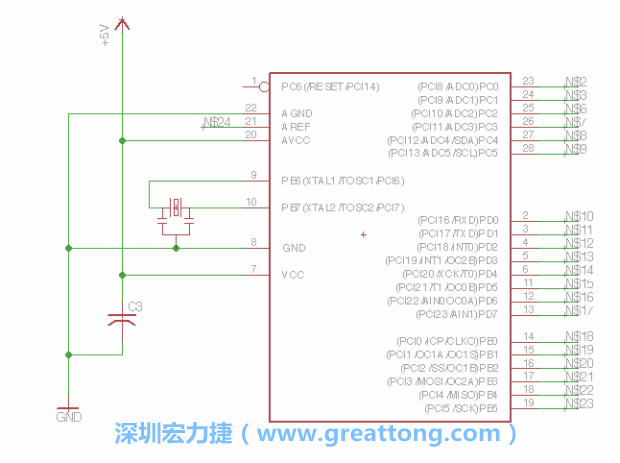 3.3.    將共鳴器（resonator）放置在針腳9和針腳10附近，將它的三個針腳連接如圖所示，并確認(rèn)最中間的針腳有連到接地端。