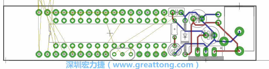 將ATmega微控制器、三個(gè)GPIO排針（JP2, JP3, JP4）和諧振器（resonator）排置如上圖所示。