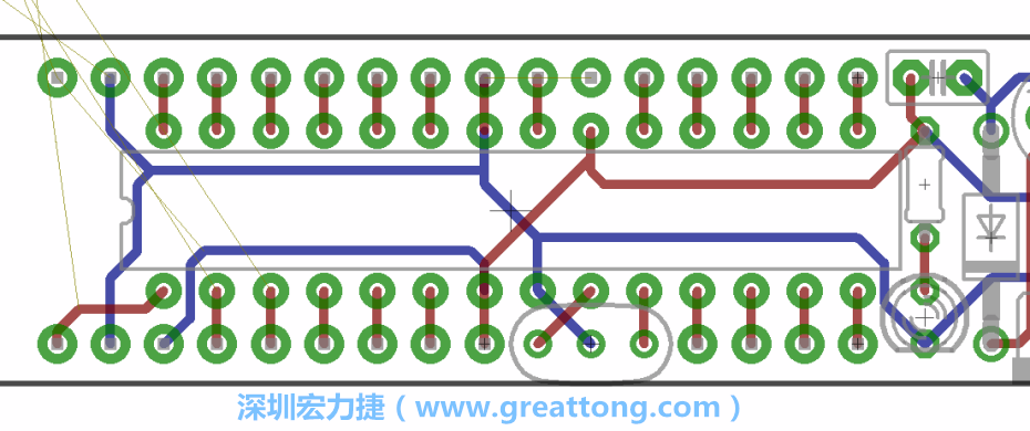 如果可以的話(huà)盡量讓接地線(xiàn)保持在電路板的背面，這樣它們就可以在可能范圍內(nèi)和最大的接地面連結(jié)在一起。