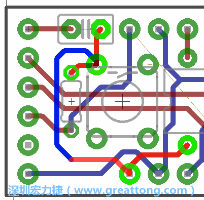 為了要?jiǎng)?chuàng)造一個(gè)電路通道，首先要先點(diǎn)擊重置開(kāi)關(guān)的連結(jié)點(diǎn)進(jìn)行布線(xiàn)，在電路板的背面繪制線(xiàn)路直到其它線(xiàn)路前的乾淨(jìng)區(qū)域。