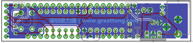 第二篇文章則帶領(lǐng)你進(jìn)行電路板上的布線、連結(jié)點(diǎn)的配置，并利用「設(shè)計(jì)規(guī)則檢查（Design Rule Check）」測(cè)試你的設(shè)計(jì)，第二篇文章的電路板設(shè)計(jì)圖將如下所示：