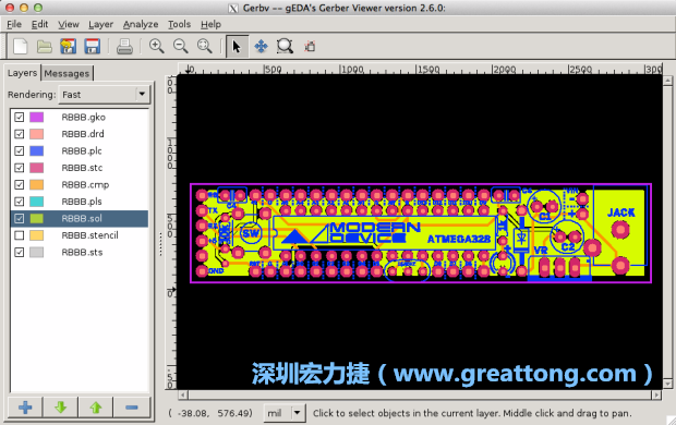 將圖層匯入你的Gerber預(yù)覽工具內(nèi)（下圖為Gerbv），我通常會(huì)從上到下重新排列它們的順序，好讓我比較好校對(duì)：