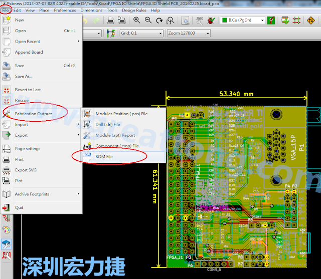 在Kicad的PCB Editor, 點(diǎn)選 File->Fabrication Outputs->BOM File, 即可產(chǎn)生一個(gè) .csv 的Excel 檔案。