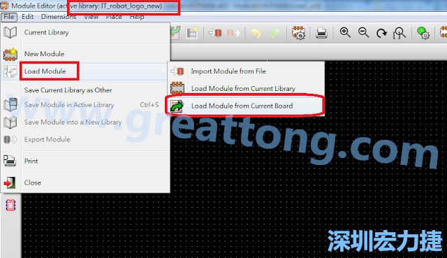 進入Module Editor去載入其他Footprint(Module)進來， 從目前的Active library (不過要先選取一個Current library ) 載入Module 或從目前正在編輯的PCB載入Module。