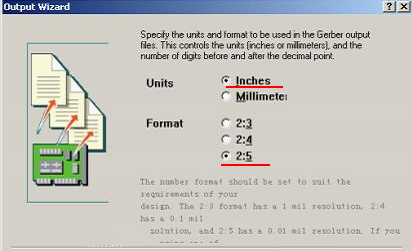 在上圖中選擇“Inches 2：5”，以確保資料精度，反之線寬、線距或孔有偏移現(xiàn)象